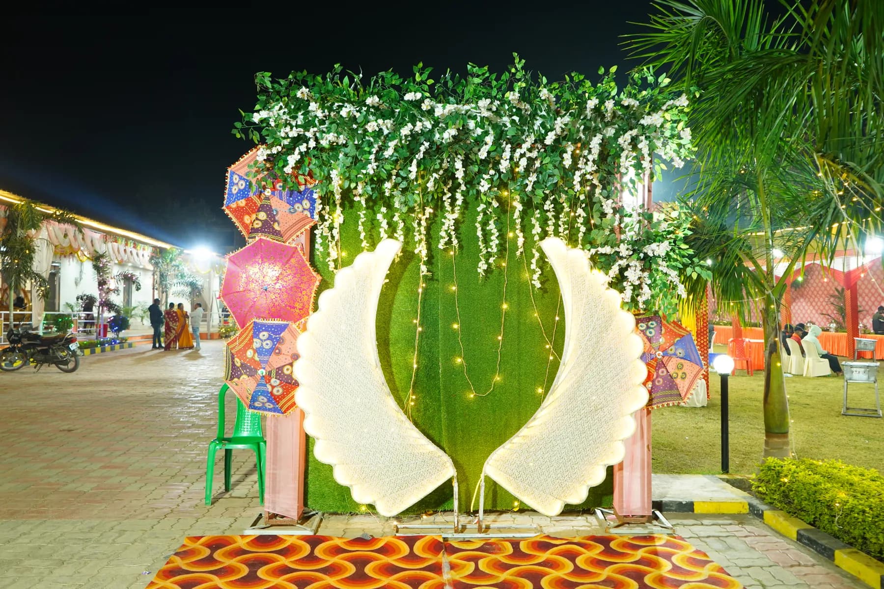 Floral photo booth and selfie point at Bandhan Marriage Hall
