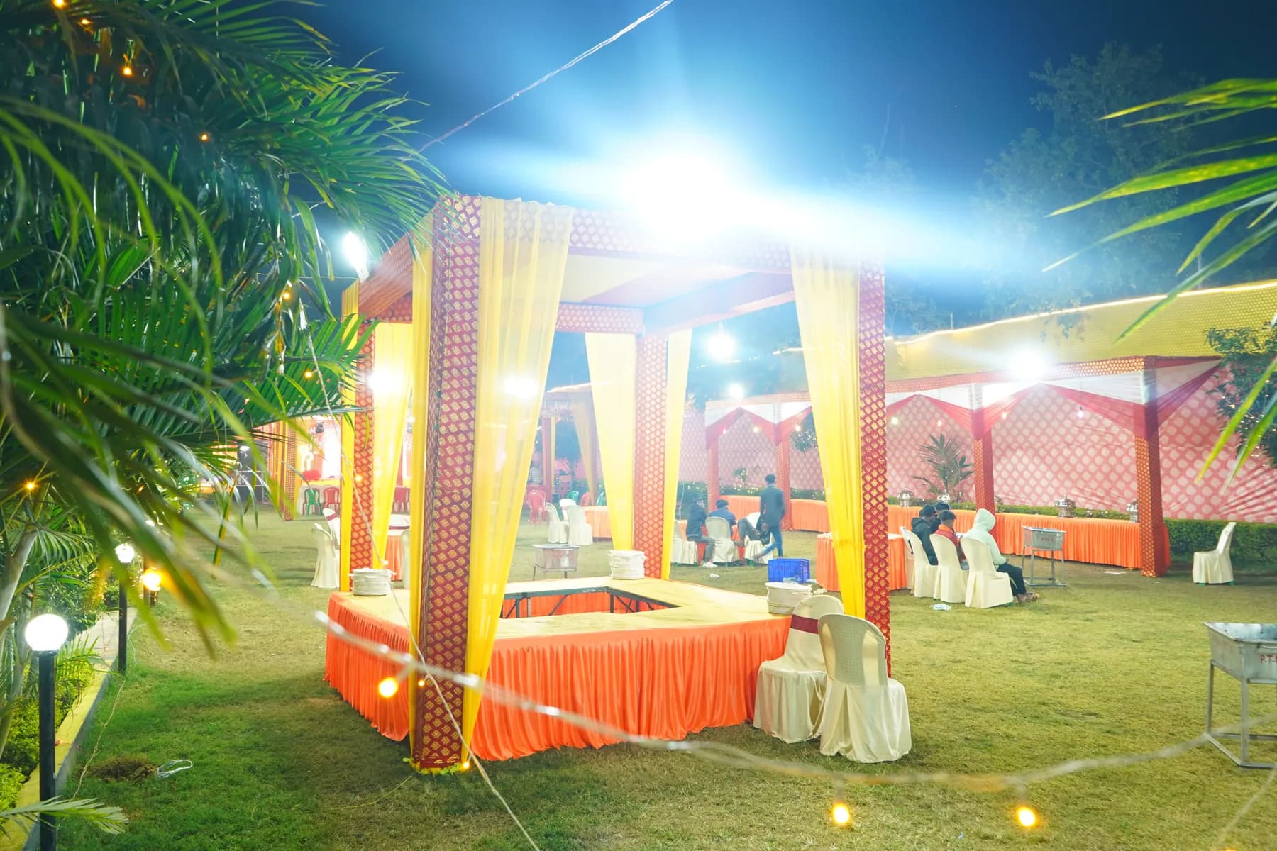 Outdoor mandap canopy with guest seating