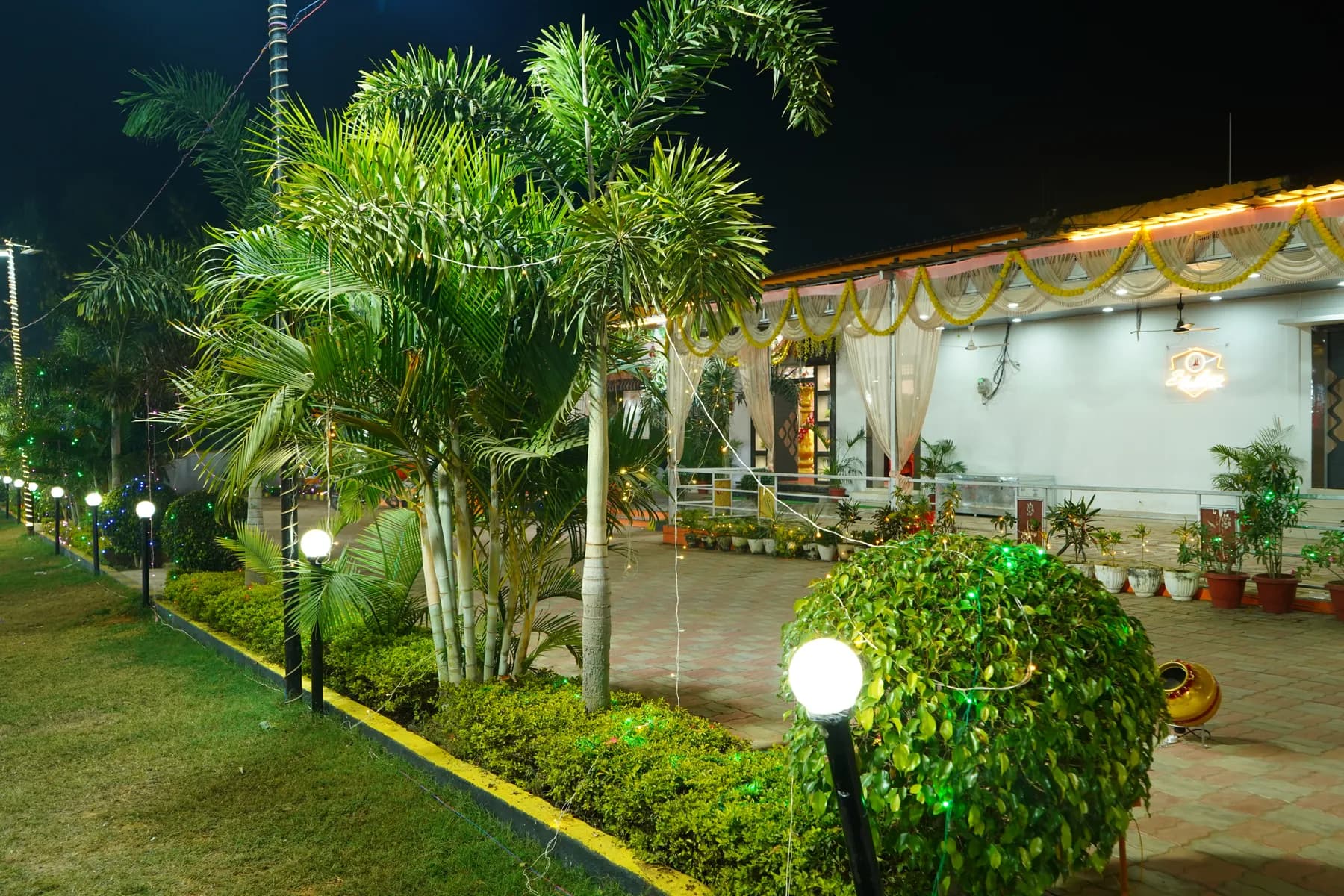 Garden lawn lit up at night with palm trees